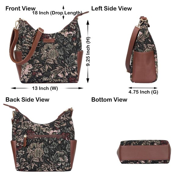 Women's Hobo Bag in Vintage Pattern Tapestry Fabric & Leather Crossbody Sling - Picture 3 of 8
